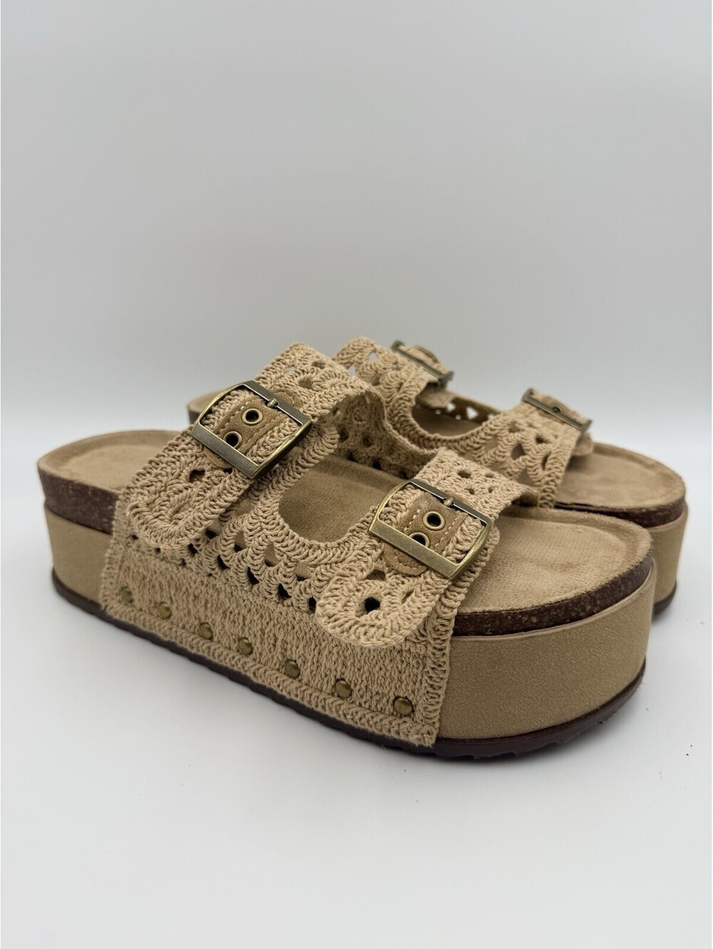 Madden Girl Crochet Double Strap Platform Sandals Tan Boho Slides Sz 11 Women’s